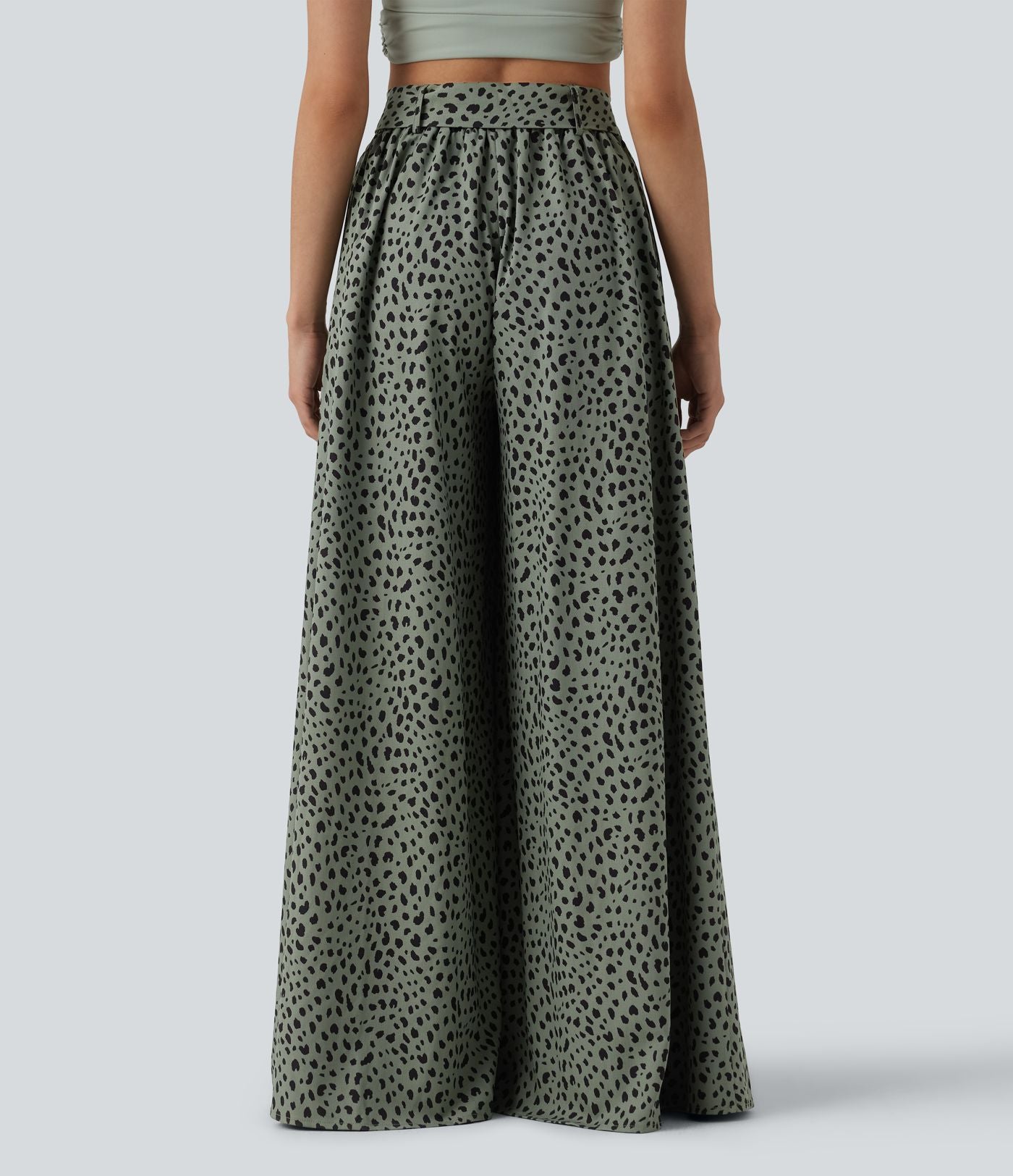 Pantalon casual large imprimé léopard taille haute avec nœud devant et poches