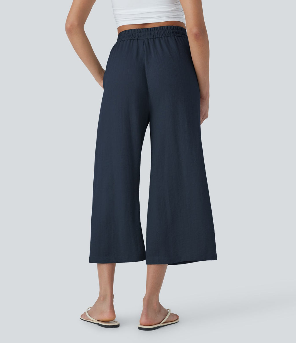Pantalon décontracté aspect lin 7/8 à taille haute, jambe large avec cordon de serrage et poches latérales