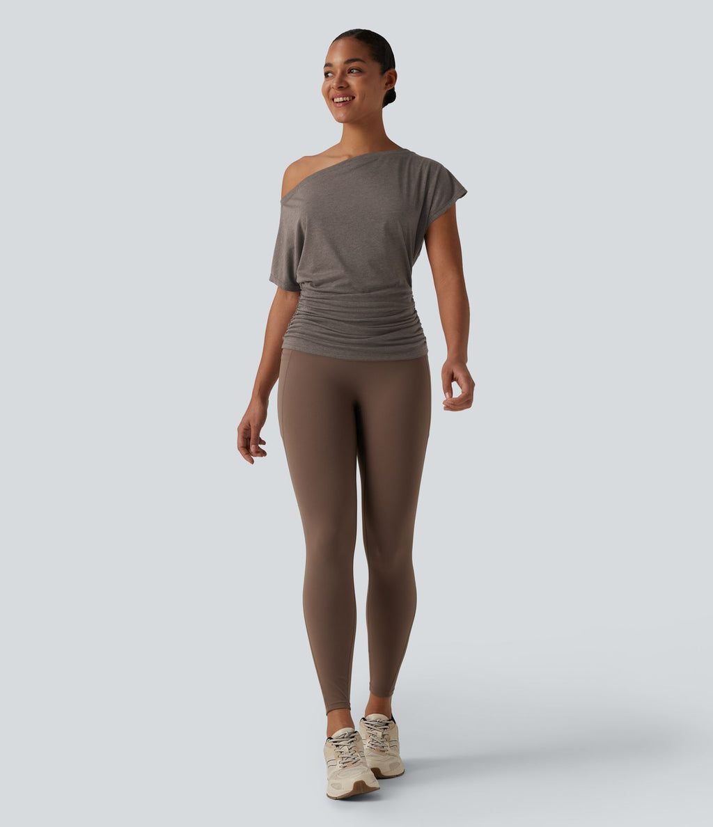 Haut de sport de yoga asymétrique manches courtes froncé