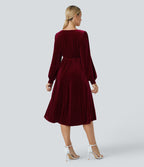 V Neck de Crossover Bishop Long Sleeve High Low Flowy Velvet Midi Casual Dress
