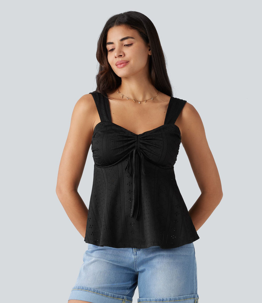 Débardeur décontracté froncé avec cordon de serrage, broderie anglaise et soutien-gorge intégré