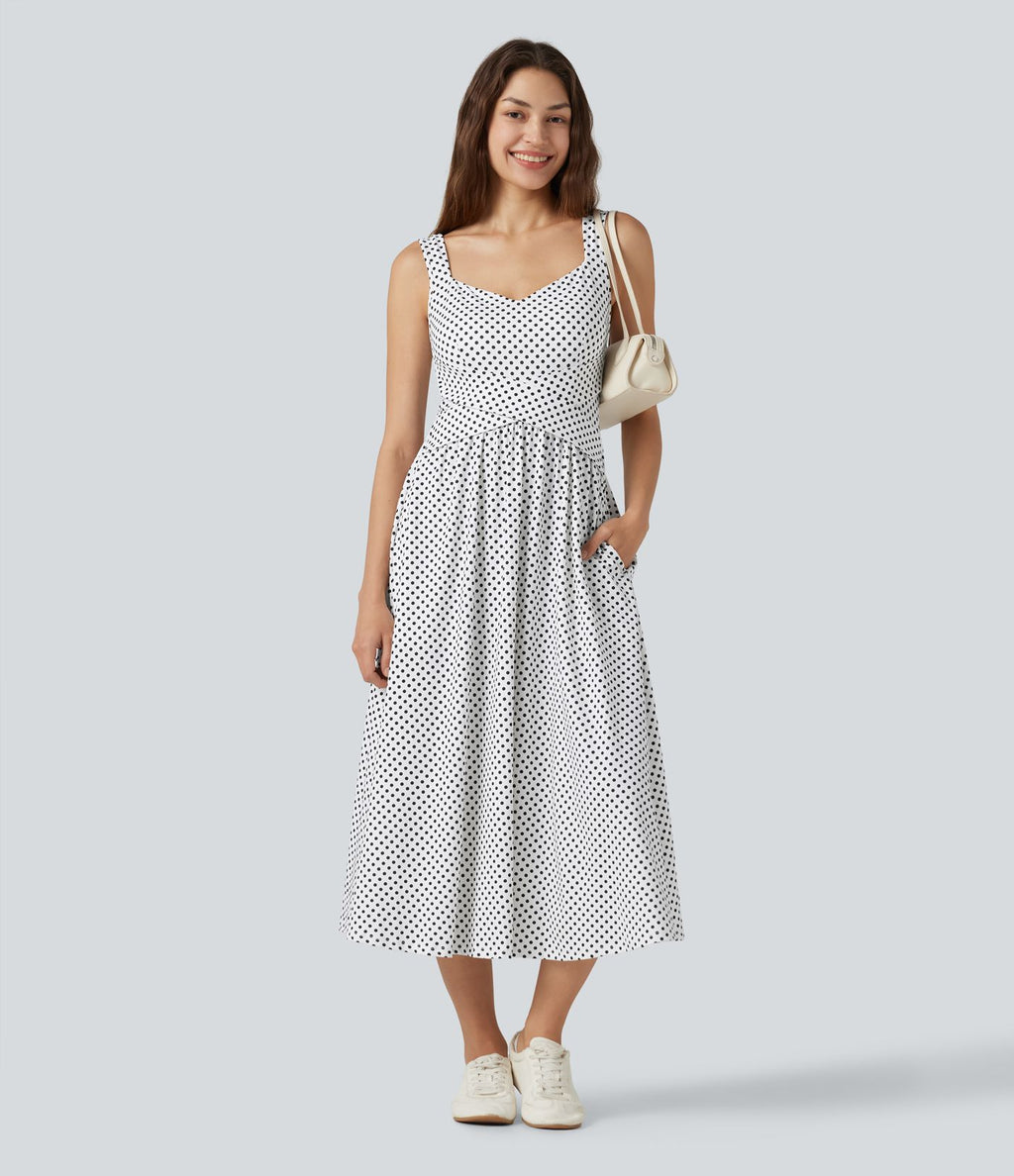 Robe fluide décontractée midi sans manches dos nu croisée à pois avec poches