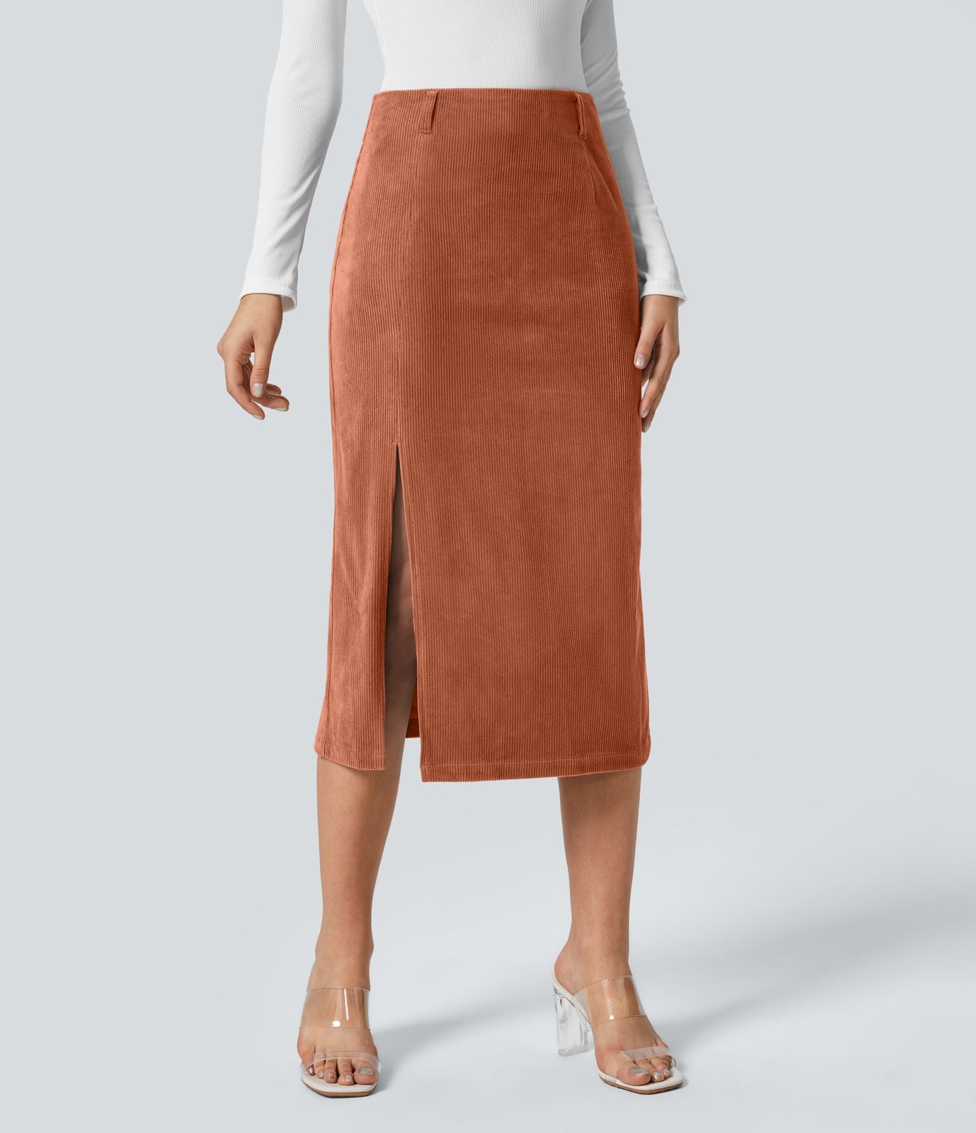 Jupe Casual en Velours Côtelé Mi-longue Taille Haute Fermeture Éclair Invisible et Fente fendue