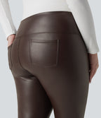 Leggings 7/8 grande taille en simili extensible effet ventre plat, taille haute, intérieur polaire, avec poches