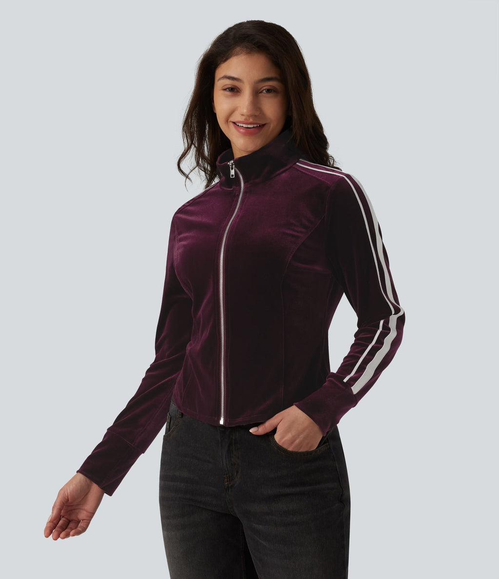 Veste casual en velours à rayures col cheminée et manches longues