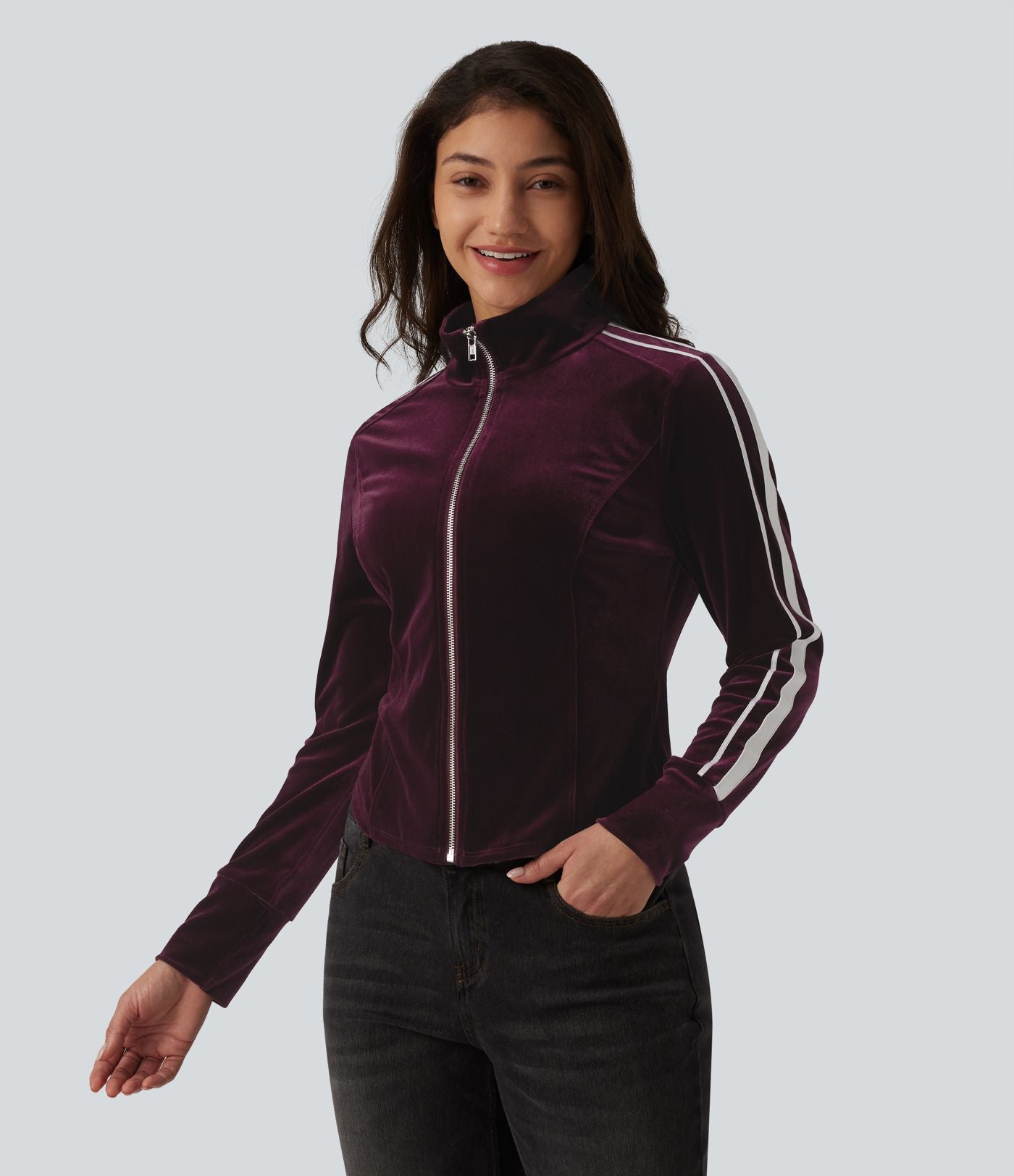 Veste casual en velours à rayures col cheminée et manches longues