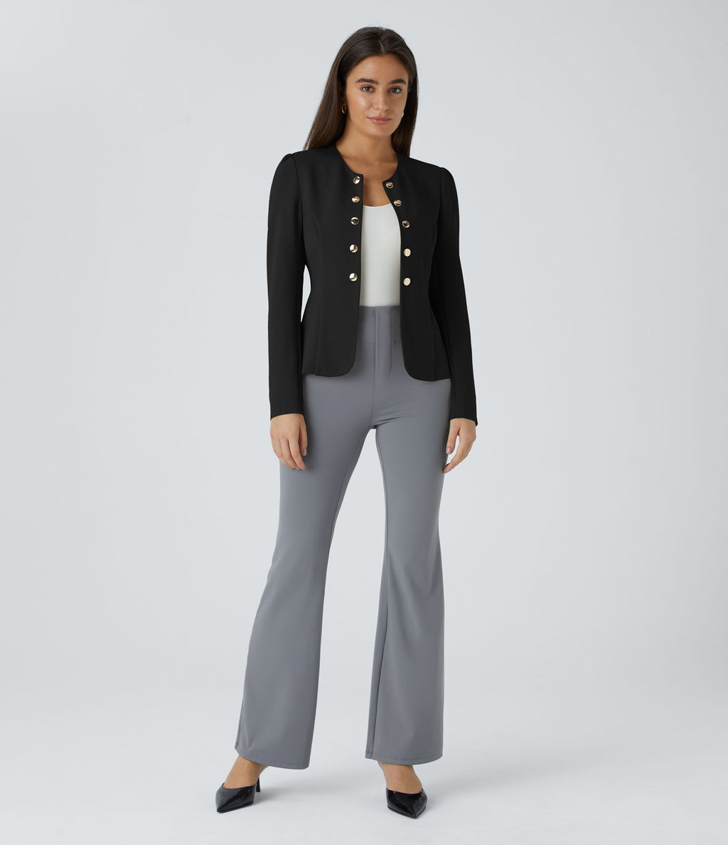 Blazer tailleur ajusté à col rond, manches longues avec boutons décoratifs