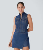 Débardeur de tennis Halara Flex™ en denim stretch délavé avec col montant, fermeture éclair et effet frais InstantCool