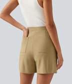 Short habillé taille très haute croisée avec poches, 10 cm