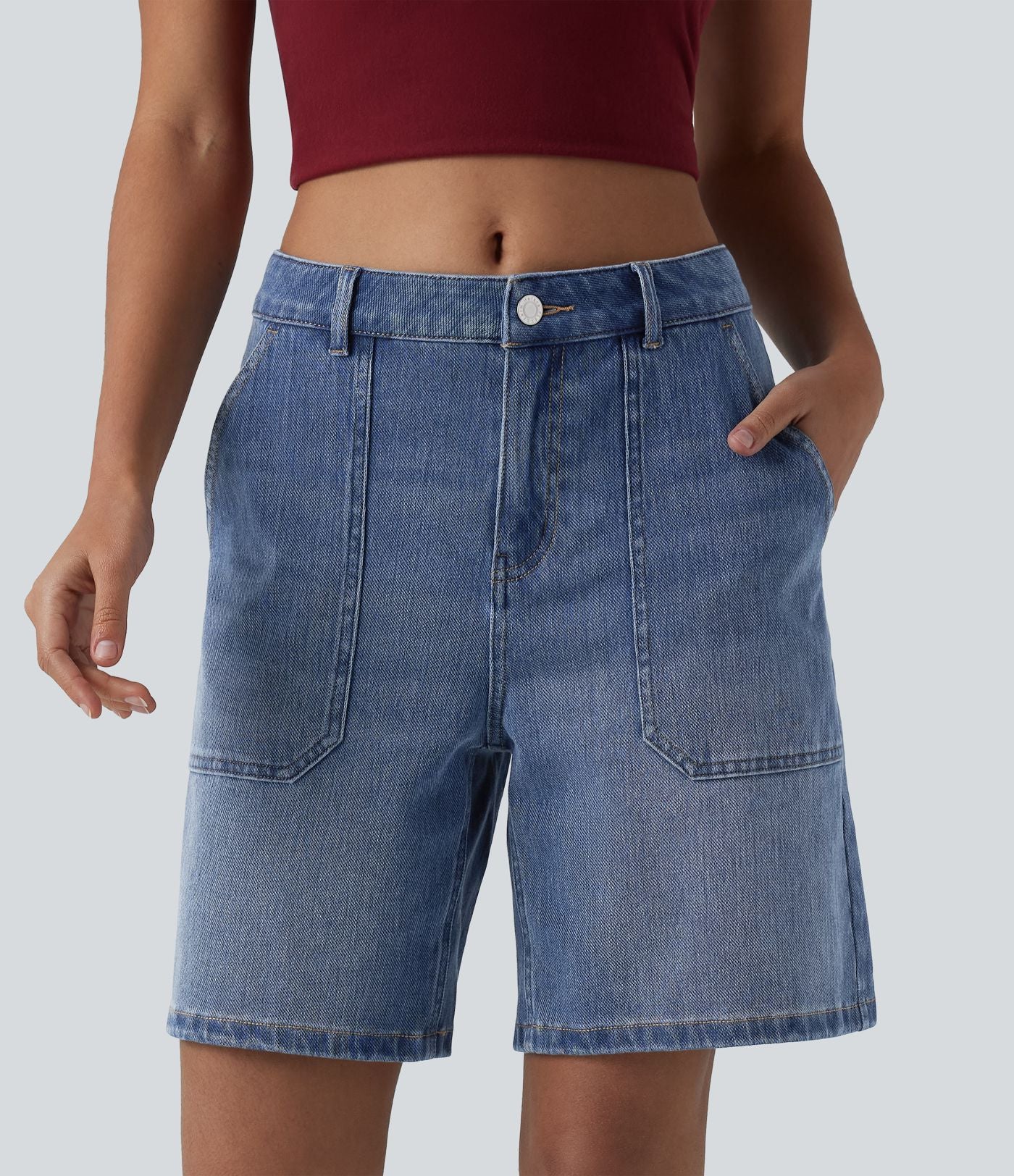 Short en jean Halara Flex™ mi-taille ample délavé décontracté avec poches