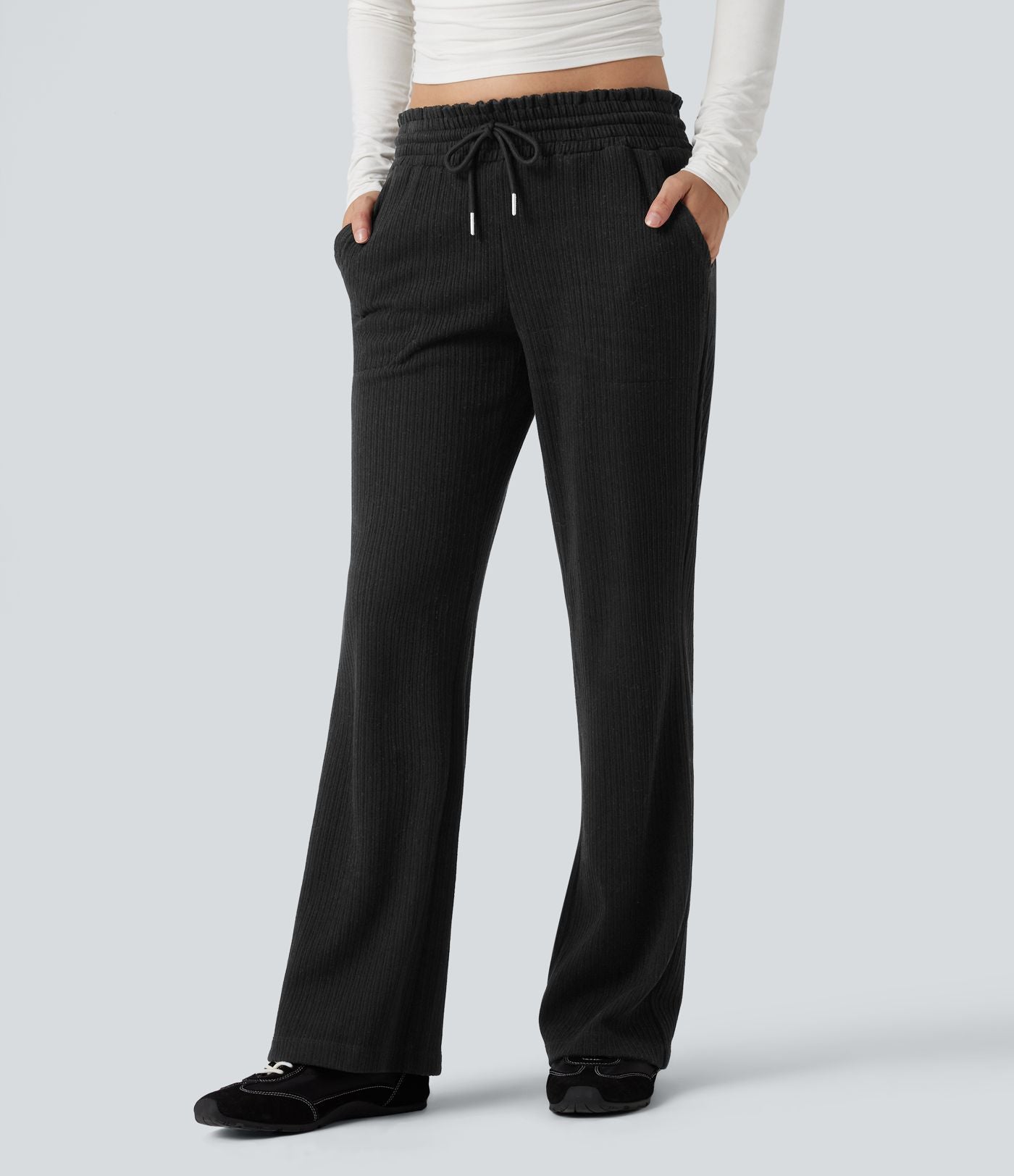Pantalon décontracté bootcut côtelé, taille basse, cordon et poches