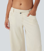 Halara Flex™ Jean large asymétrique taille basse avec bouton, fermeture éclair et poches multiples, délavé et extensible en maille
