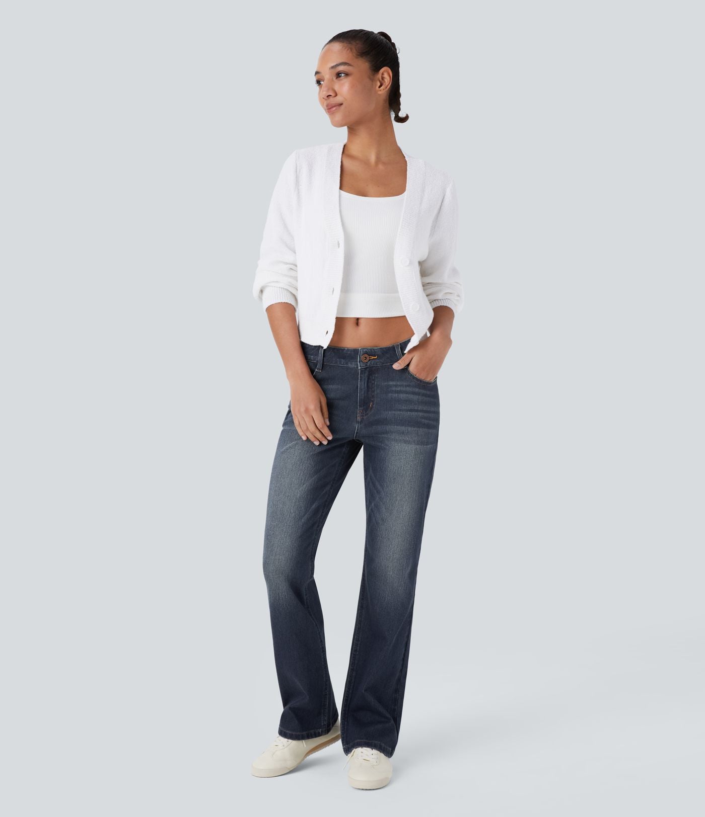 Jean bootcut délavé Halara Flex™ taille basse avec bouton, fermeture éclair et poches multiples