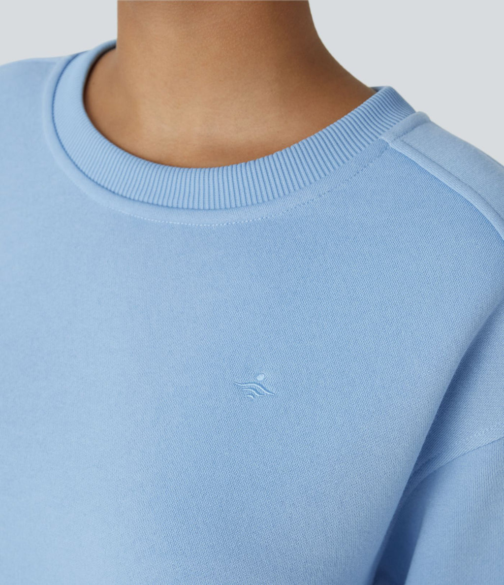 Sweat-shirt décontracté oversize en polaire, col rond, épaules tombantes, manches longues, ourlet fendu, empiècements côtelés contrastés et broderies