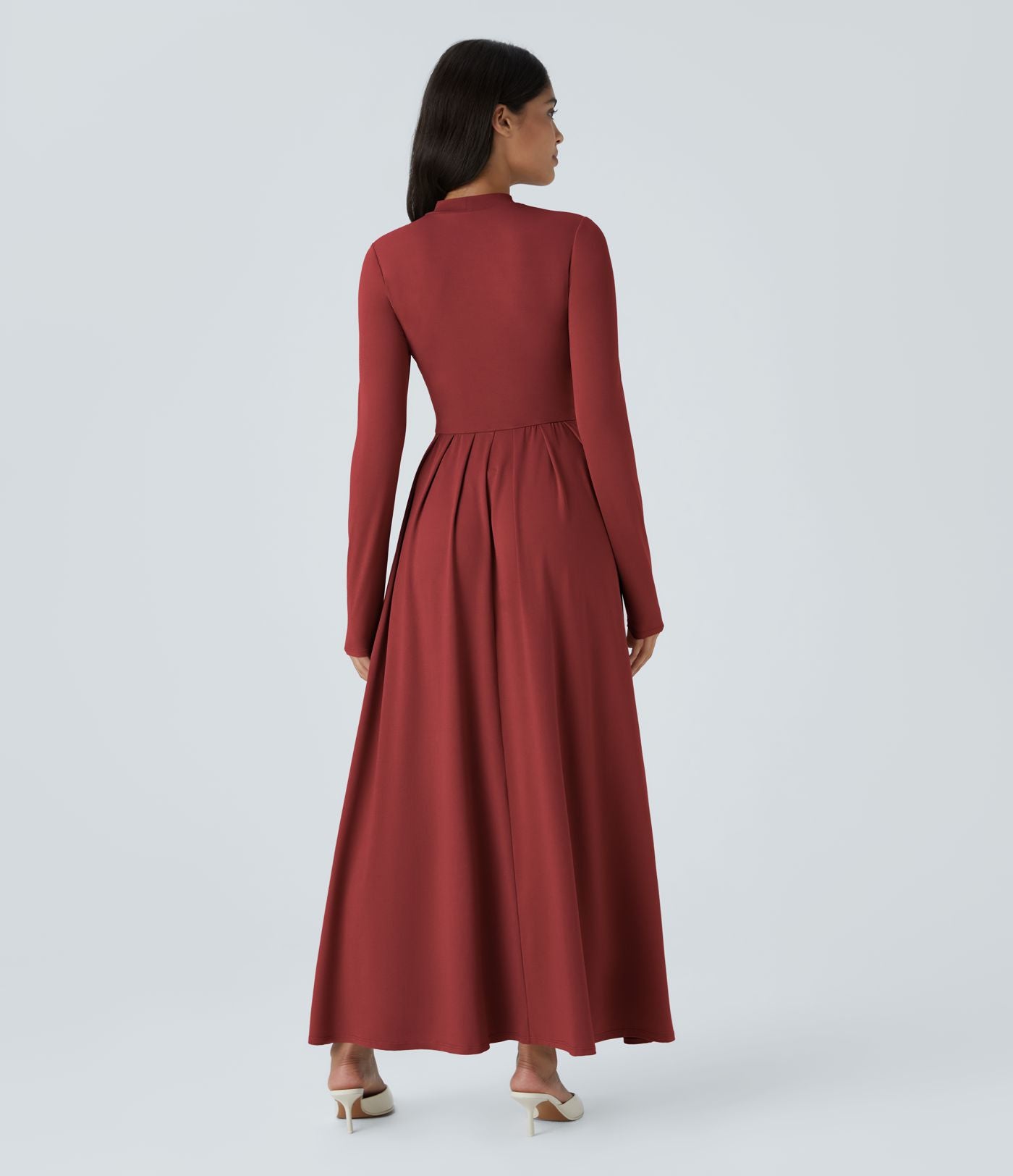Robe longue décontractée à col montant, manches longues, plissée, avec poches latérales et coupe évasée
