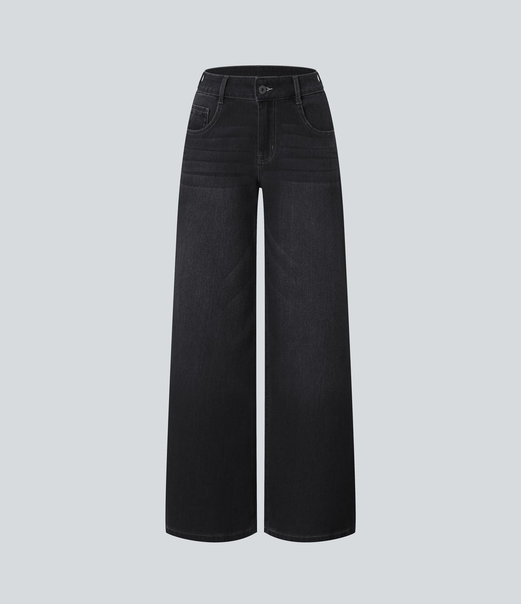 Halara Flex™ Jean Large Casual Taille Basse avec Boutons Zip Multiples Poches Lavés Élastiques et Tricotés