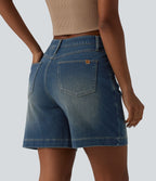 Short denim ample décontracté Halara Flex™ délavé taille mi-haute ourlet roulotté avec poches