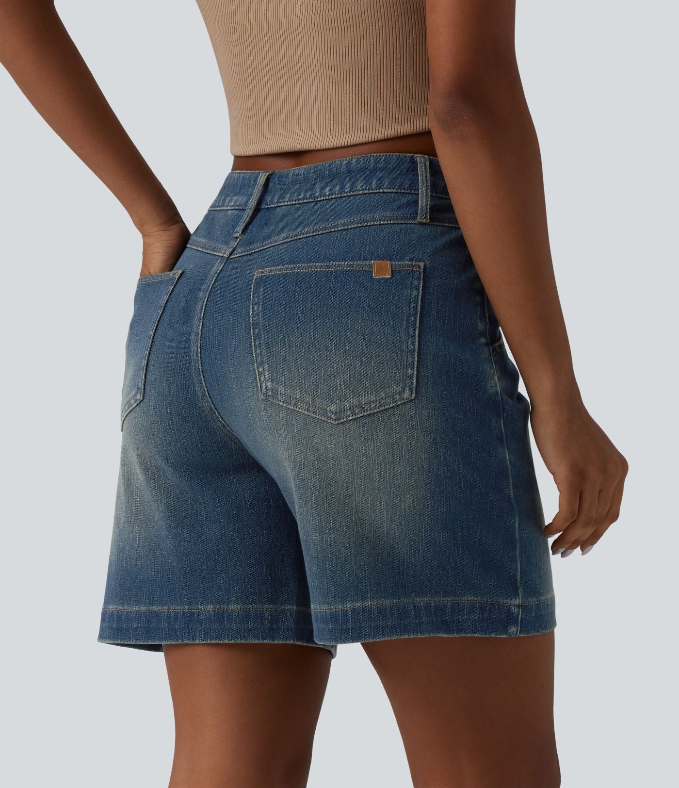 Short denim ample décontracté Halara Flex™ délavé taille mi-haute ourlet roulotté avec poches