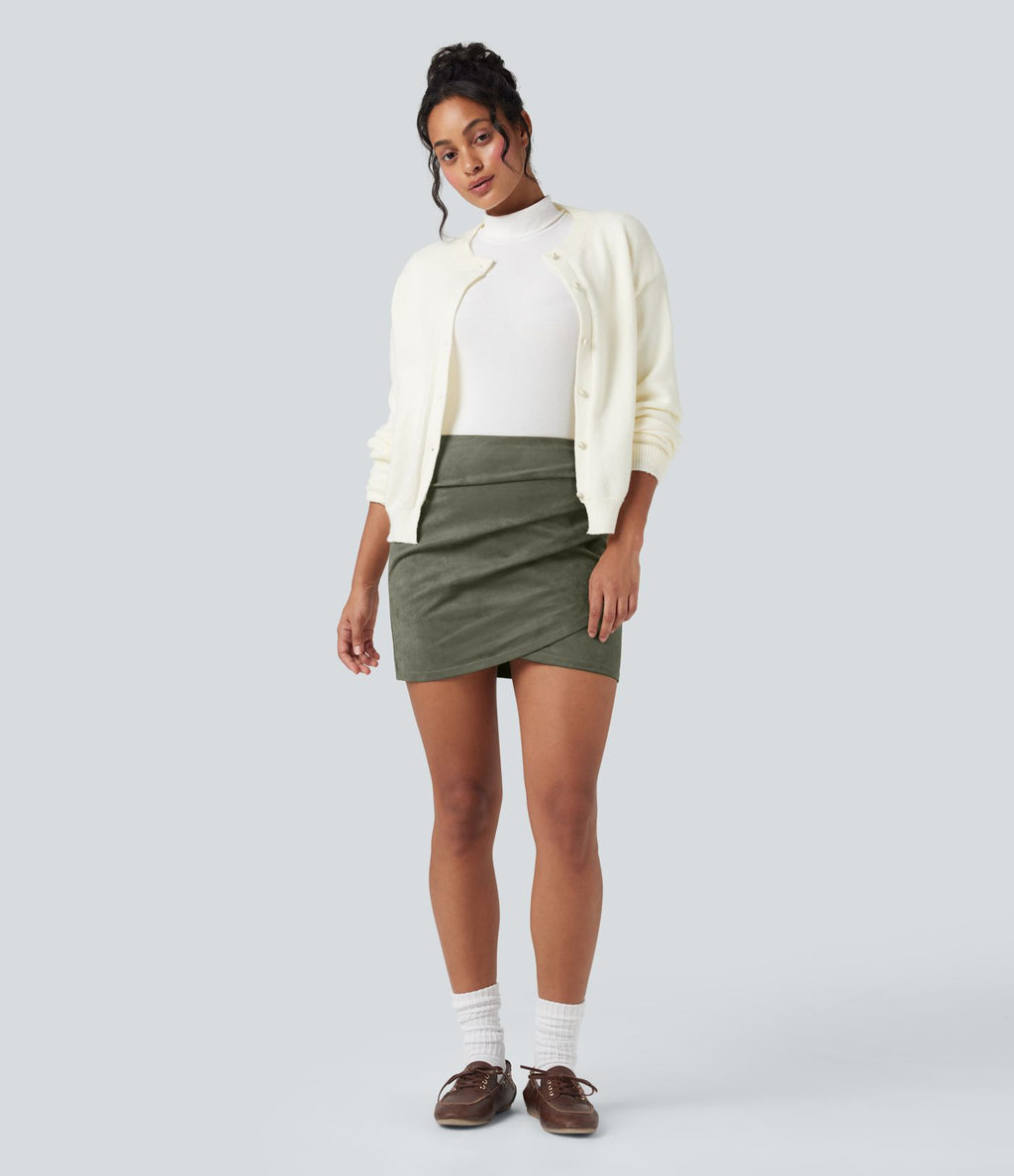 Jupe mini moulante décontractée effet daim taille haute froncée à ourlet croisé