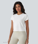 Haut de sport décontracté en coton à manches courtes et col raglan, style yoga, coupe ample, col en V