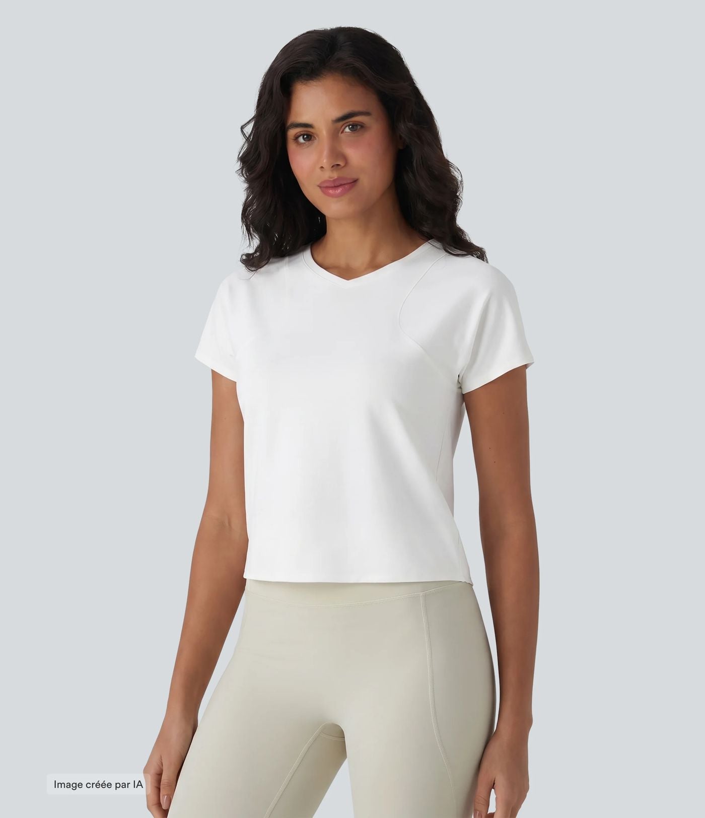 Haut de sport décontracté en coton à manches courtes et col raglan, style yoga, coupe ample, col en V