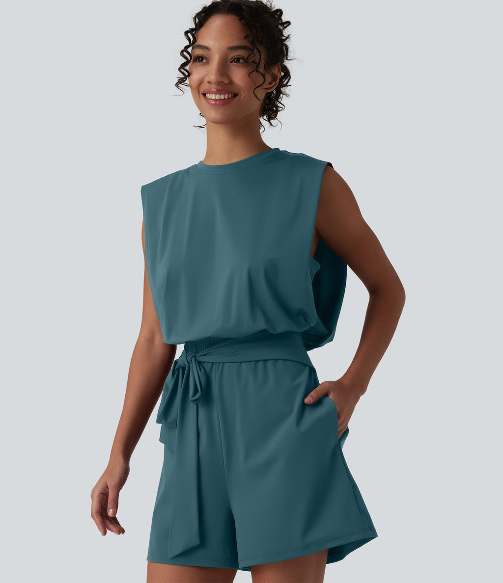 Combishort décontracté col rond sans manches effet frais InstantCool avec nœud frontal et poches, accès facile Easy Peasy, protection solaire UPF50+