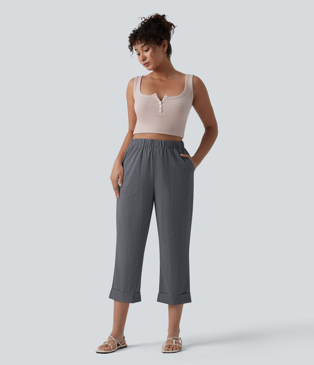Pantalon casual court aspect lin coupe droite taille haute avec poches