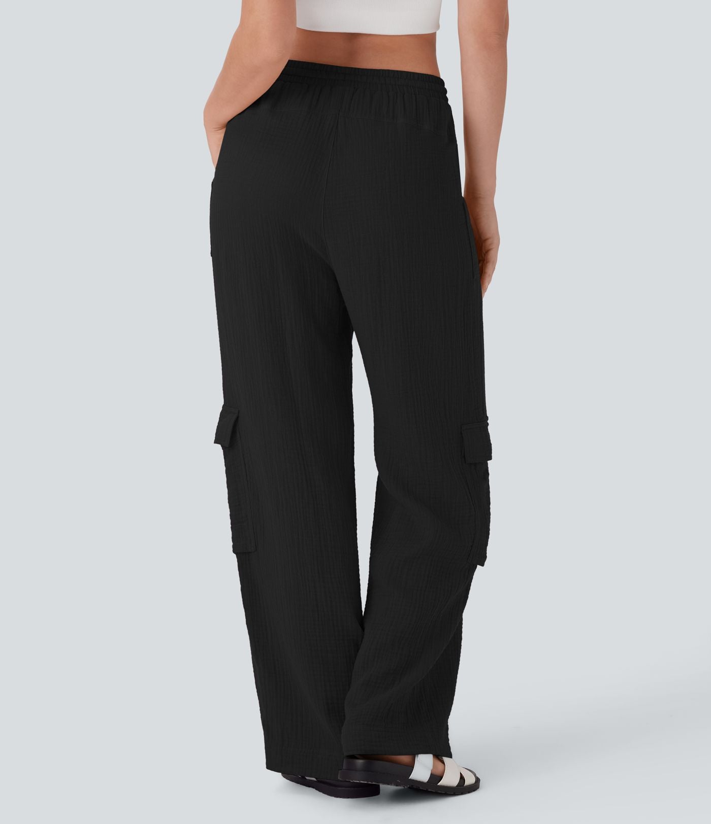 Pantalon cargo large fluide en coton taille haute avec cordon de serrage et poches