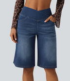 Short en jean ample Halara Flex™ taille haute croisé gainant décontracté avec poches