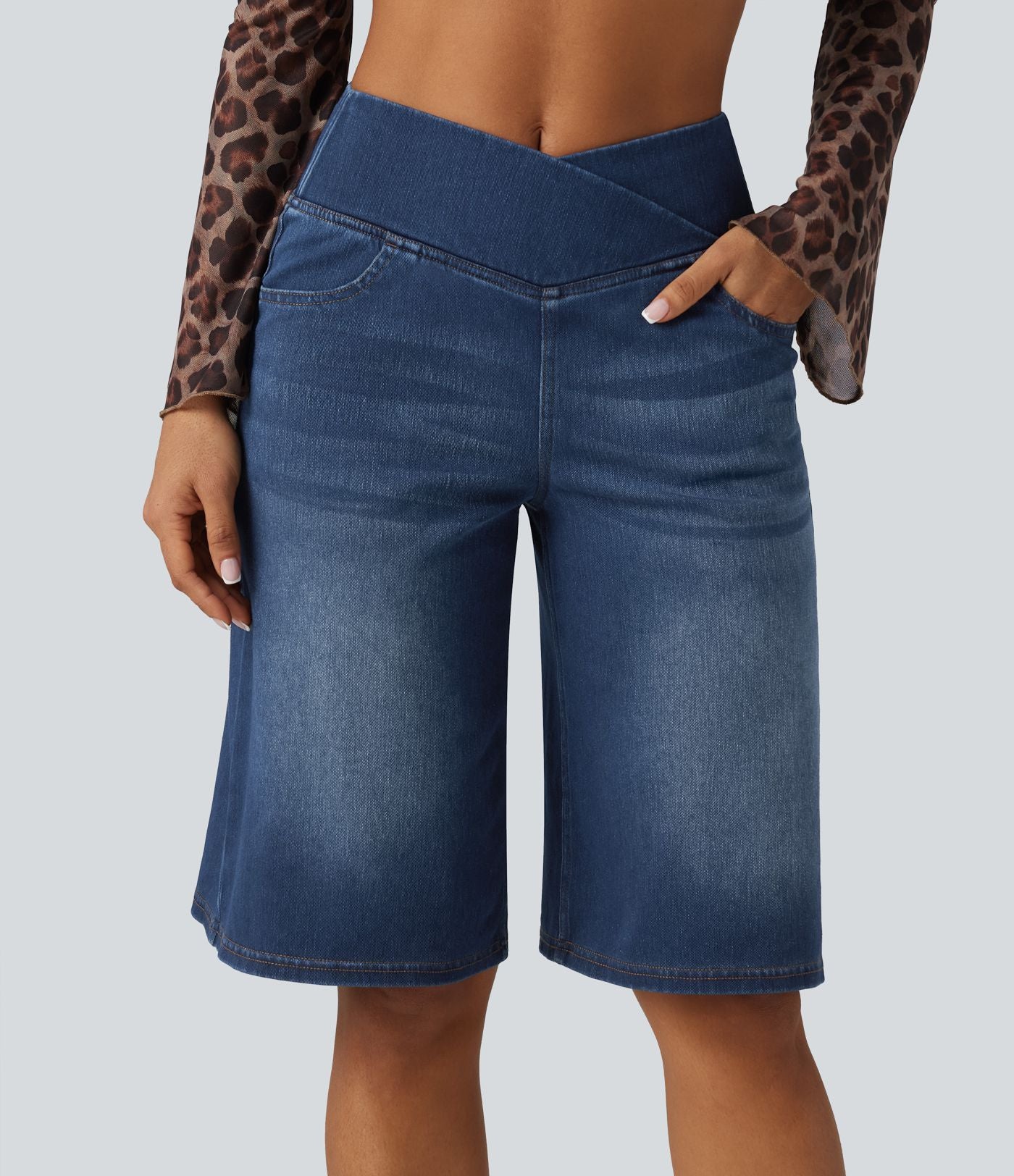 Short en jean ample Halara Flex™ taille haute croisé gainant décontracté avec poches