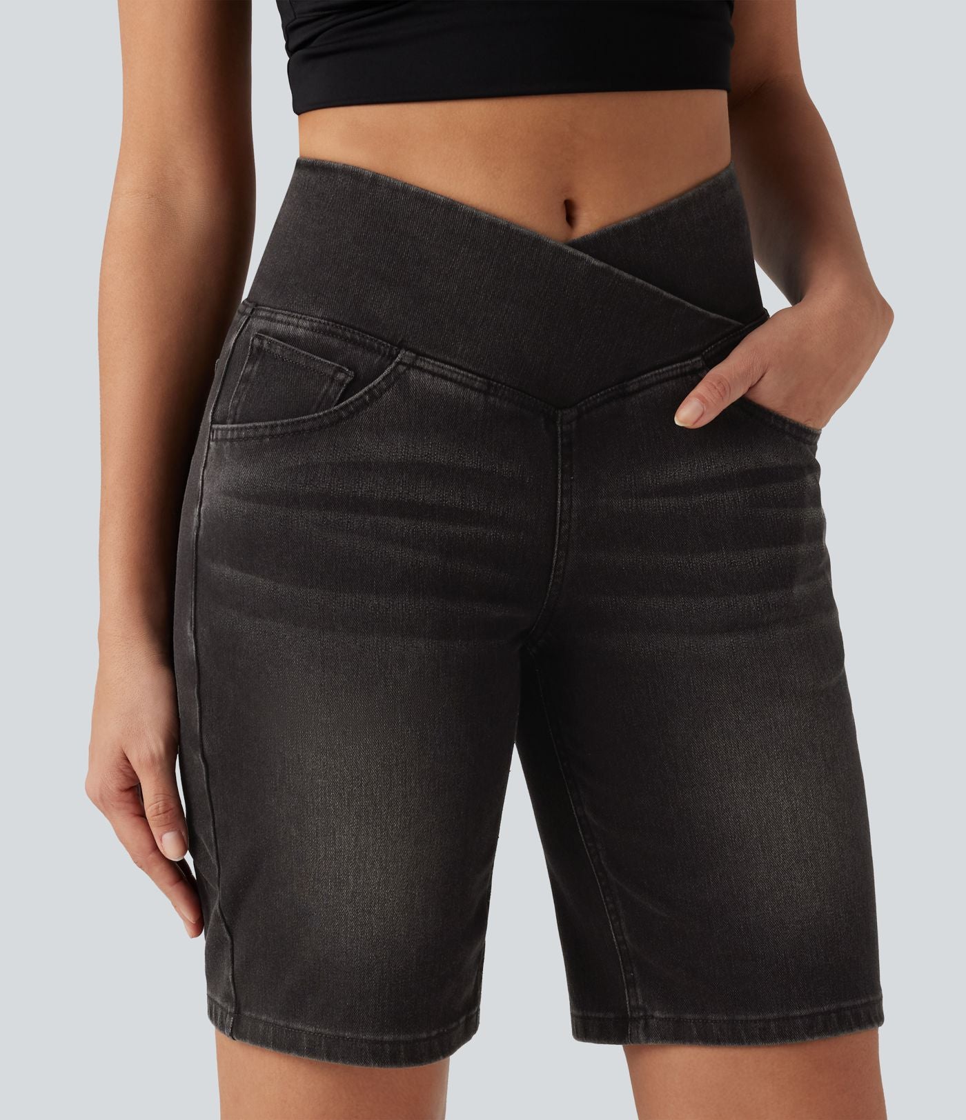 Short en jean Halara Flex™ casual gainant taille haute croisée avec poches