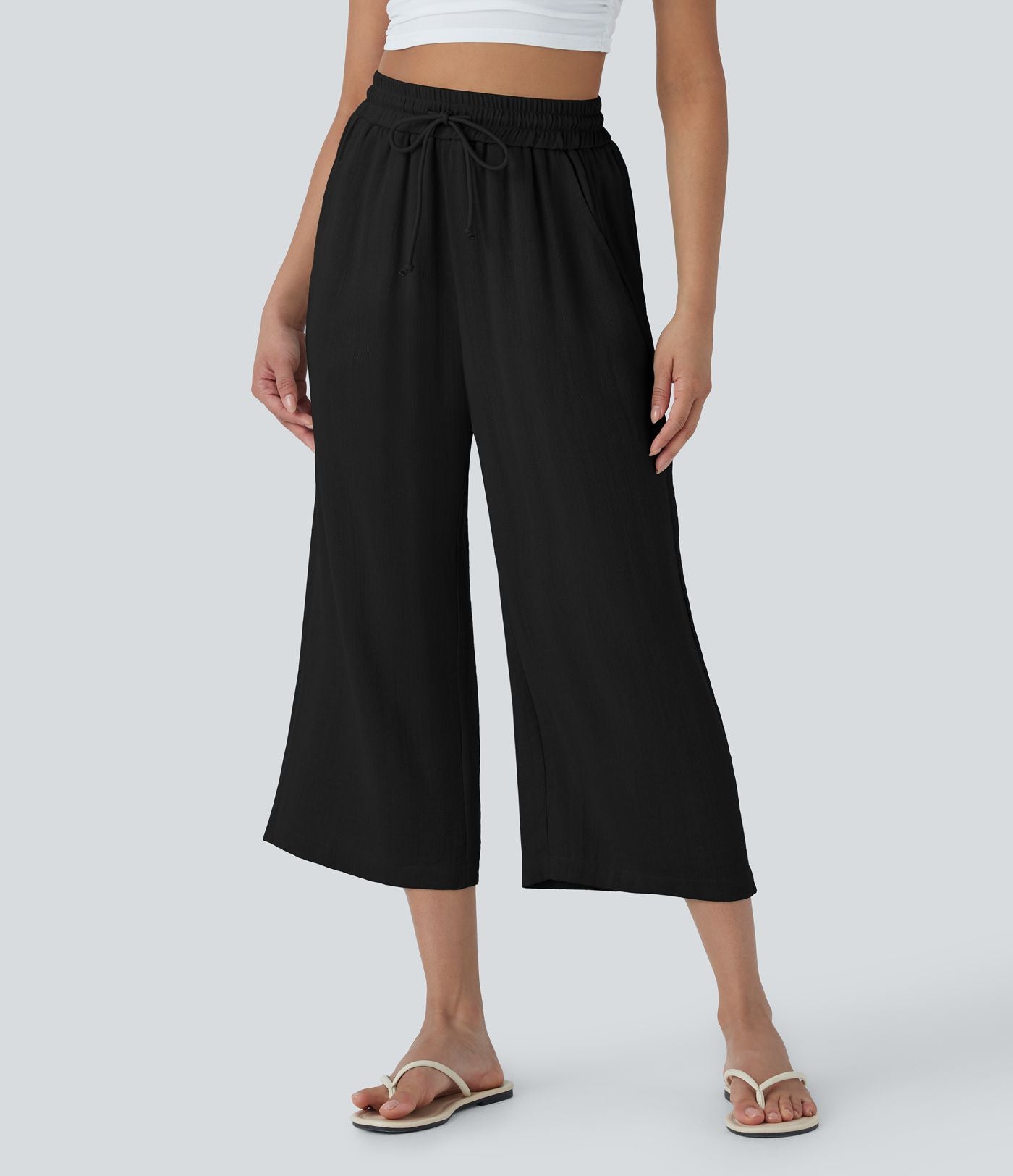 Pantalon décontracté aspect lin 7/8 à taille haute, jambe large avec cordon de serrage et poches latérales