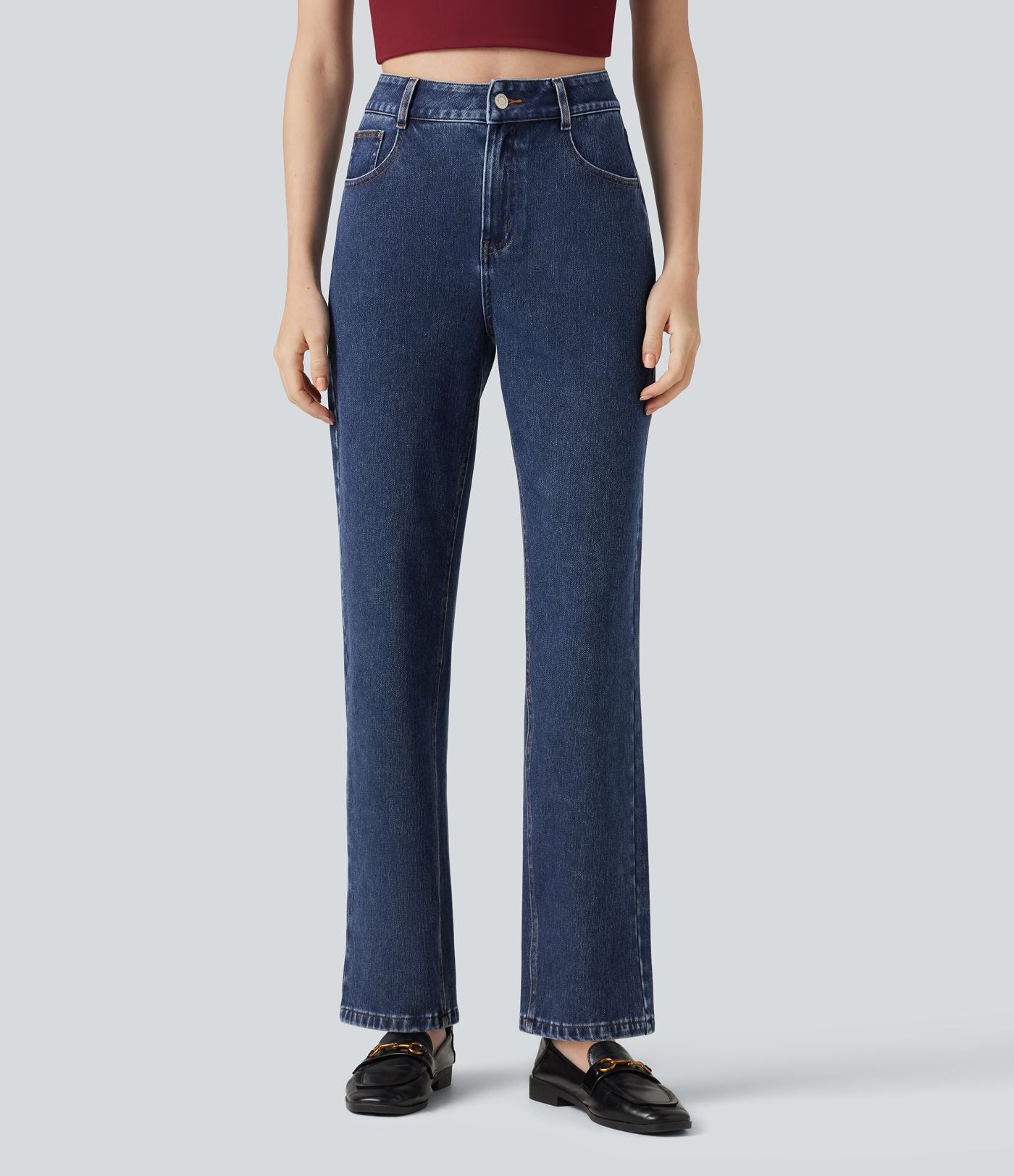 Halara Flex™ Jean droit extensible à taille haute avec bouton, fermeture éclair et poches multiples