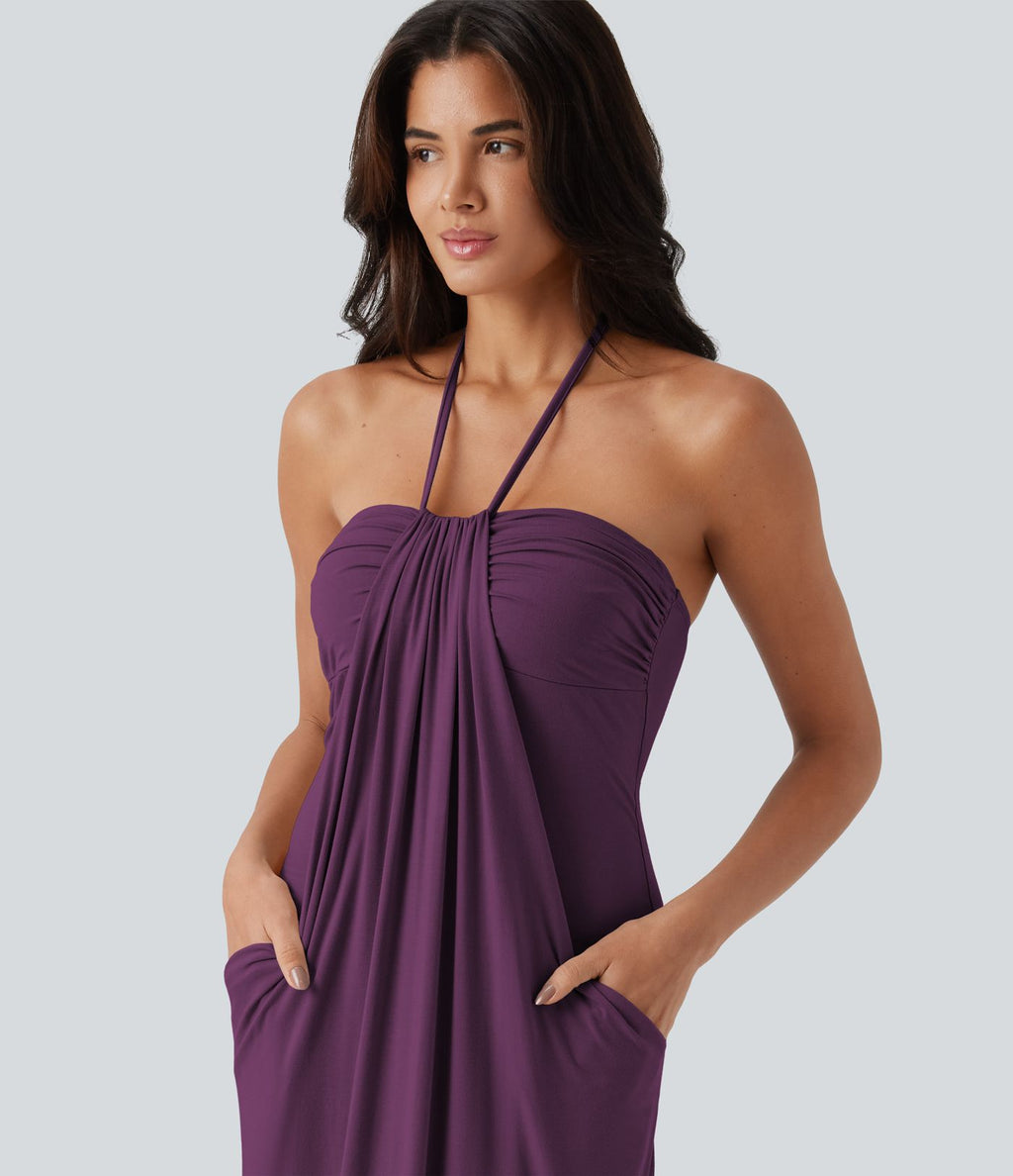 Robe longue dos nu col licou avec nœud et poches