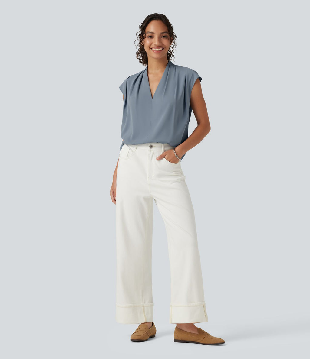 Blouse sans manches défroissage facile, col V, fronces et coupe boxy