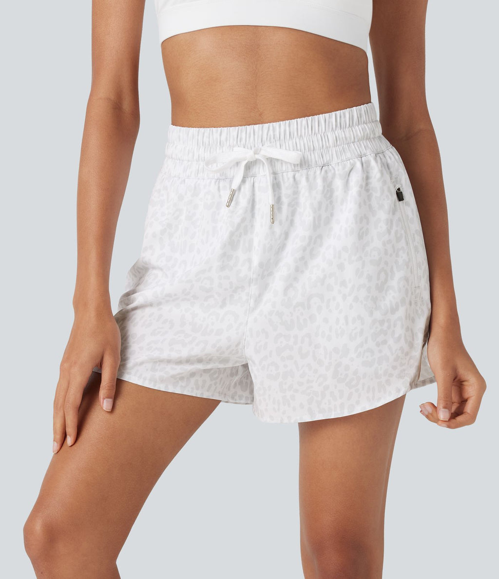 Short de jogging 2-en-1 taille haute avec cordon à imprimé léopard et ourlet incurvé avec poches