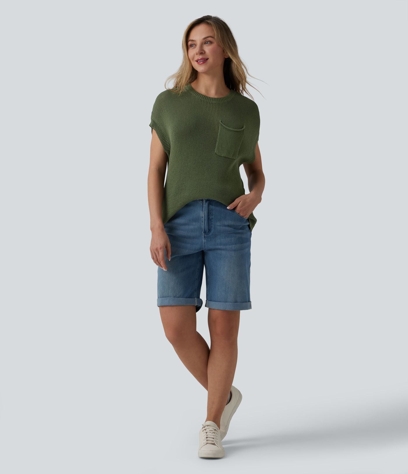 Pull décontracté col rond manches chauve-souris avec poche