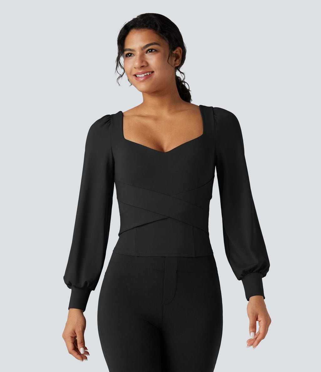 Top professionnel push-up croisé à col cœur avec bonnets moulés et manches bouffantes - Bonnet A/B