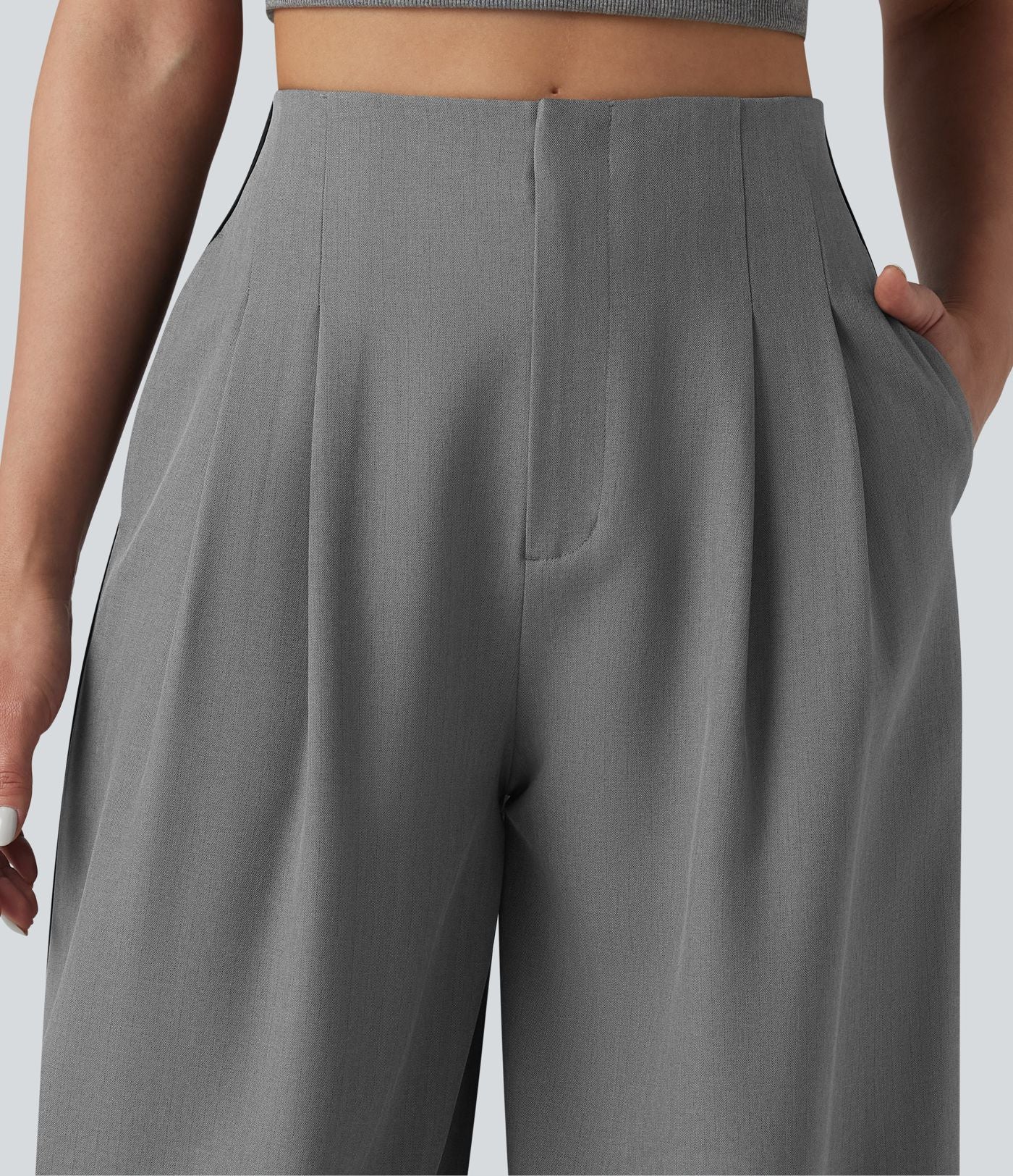 Pantalon large infroissable taille haute color block décontracté aspect lin avec poches