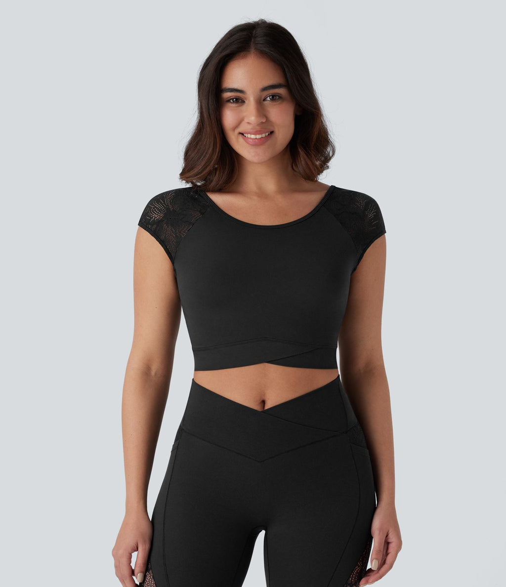 Softlyzero™ Haut de sport de yoga court dos nu avec dentelle contrastée et ourlet croisé-UPF50+