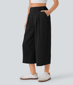 Pantalon décontracté palazzo capri uni effet lin, taille haute, large, avec poches