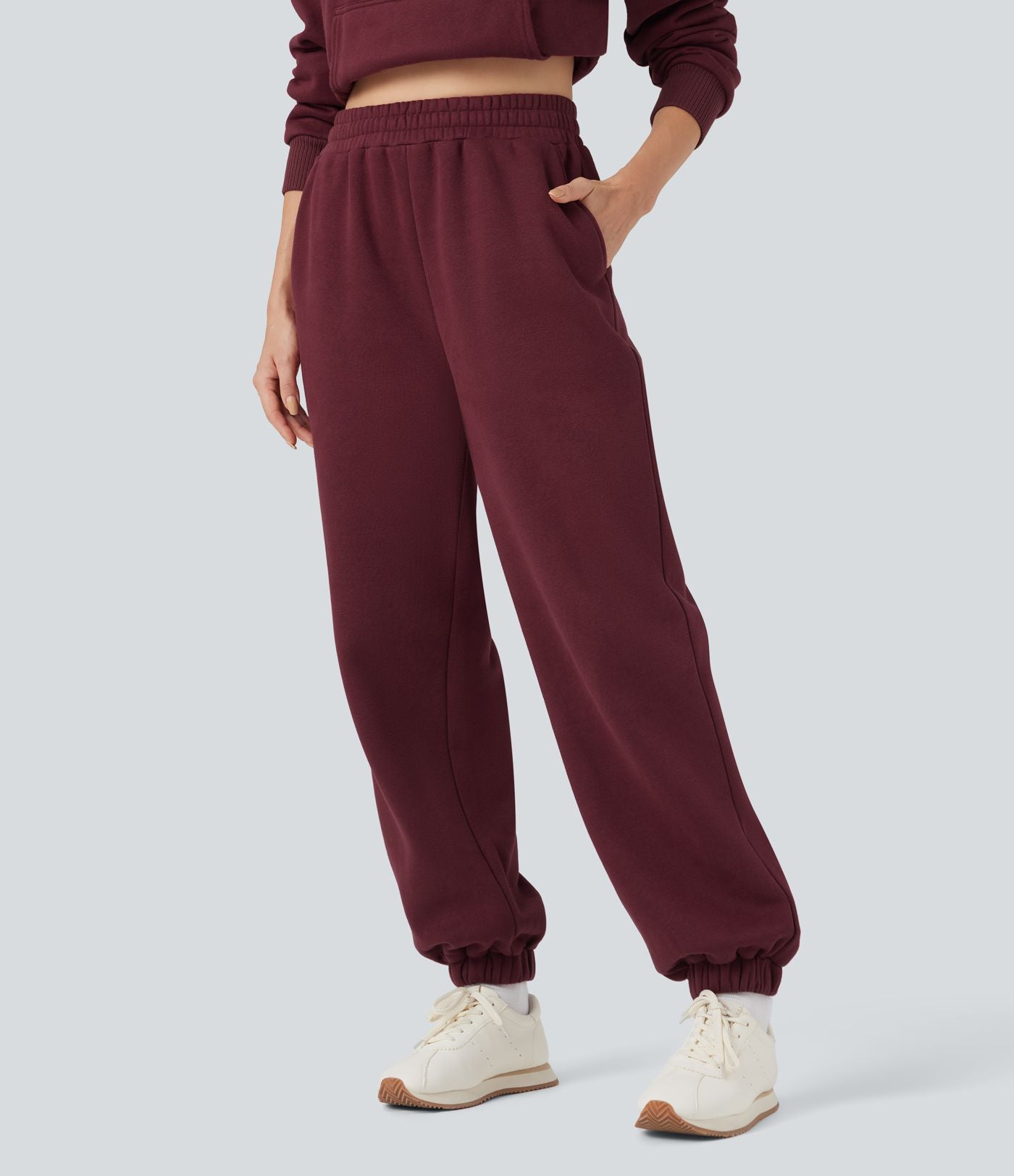 Jogging molleton taille haute repliable avec cordon de serrage et poches