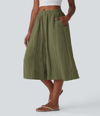 Pantalon fluide large taille mi-haute effet lin avec poche