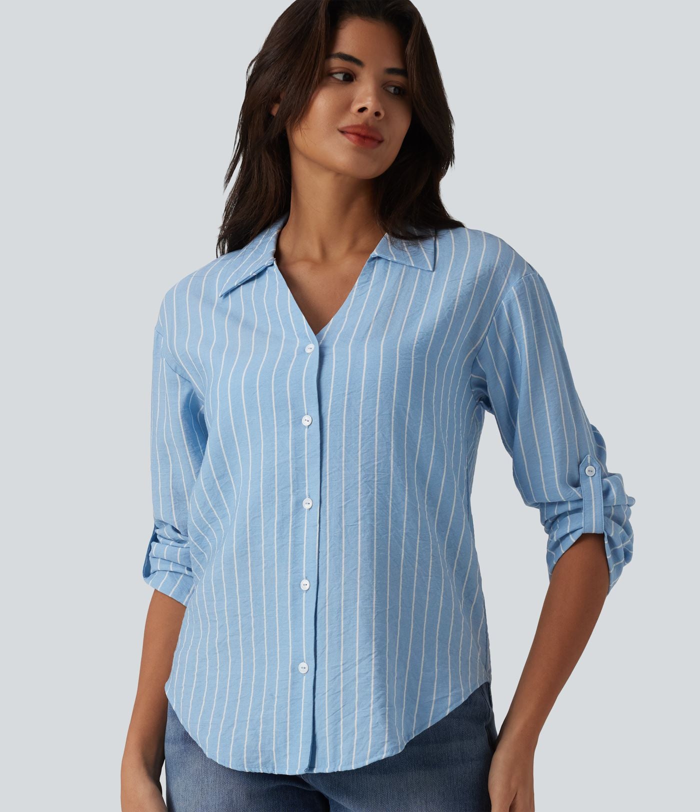 Chemise casual à rayures aspect lin col V manches longues retroussables et ourlet arrondi