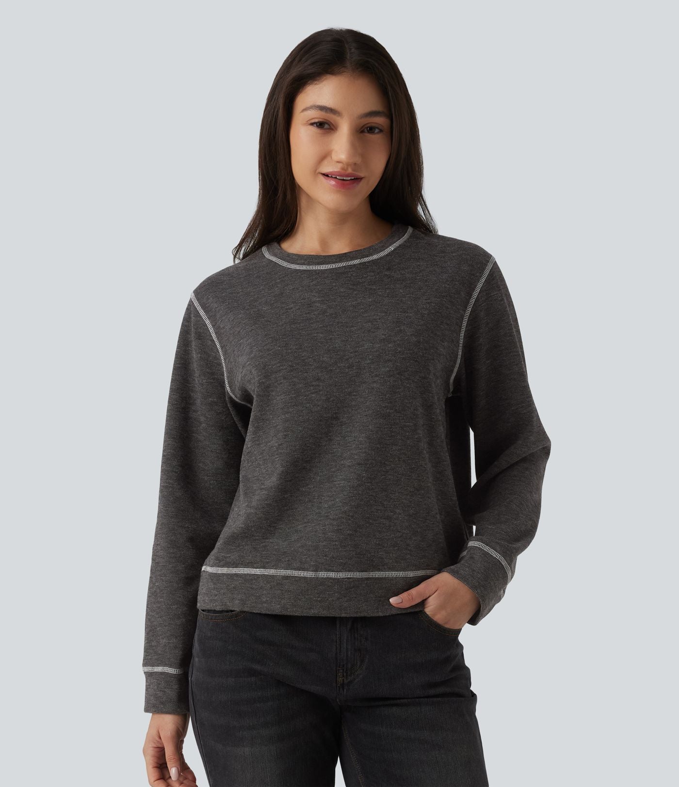Sweat-shirt casual chiné col rond à manches longues avec surpiqûres
