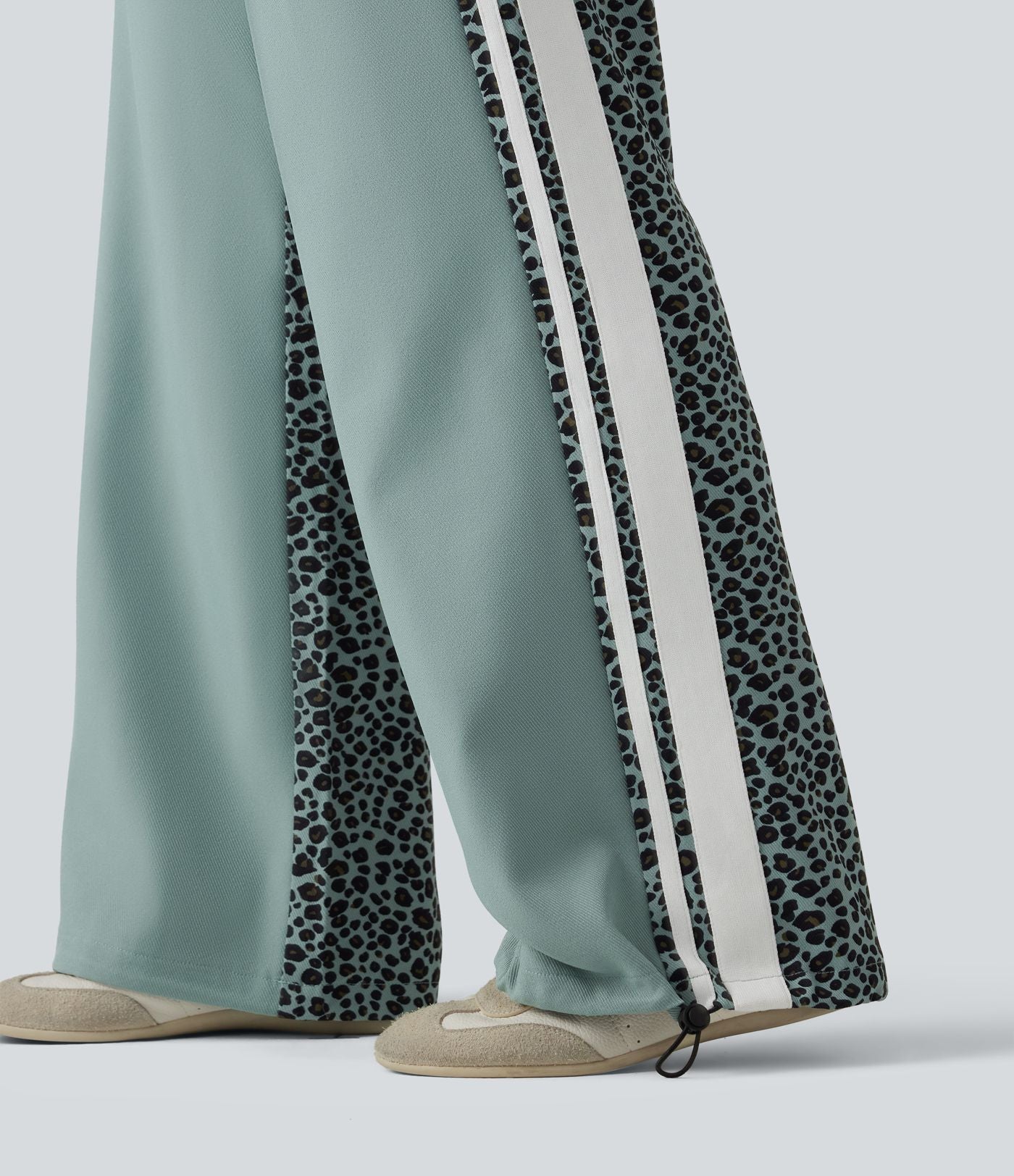 Pantalon ample décontracté taille mi-haute avec cordon de serrage color block rayures léopard contrastant avec poches