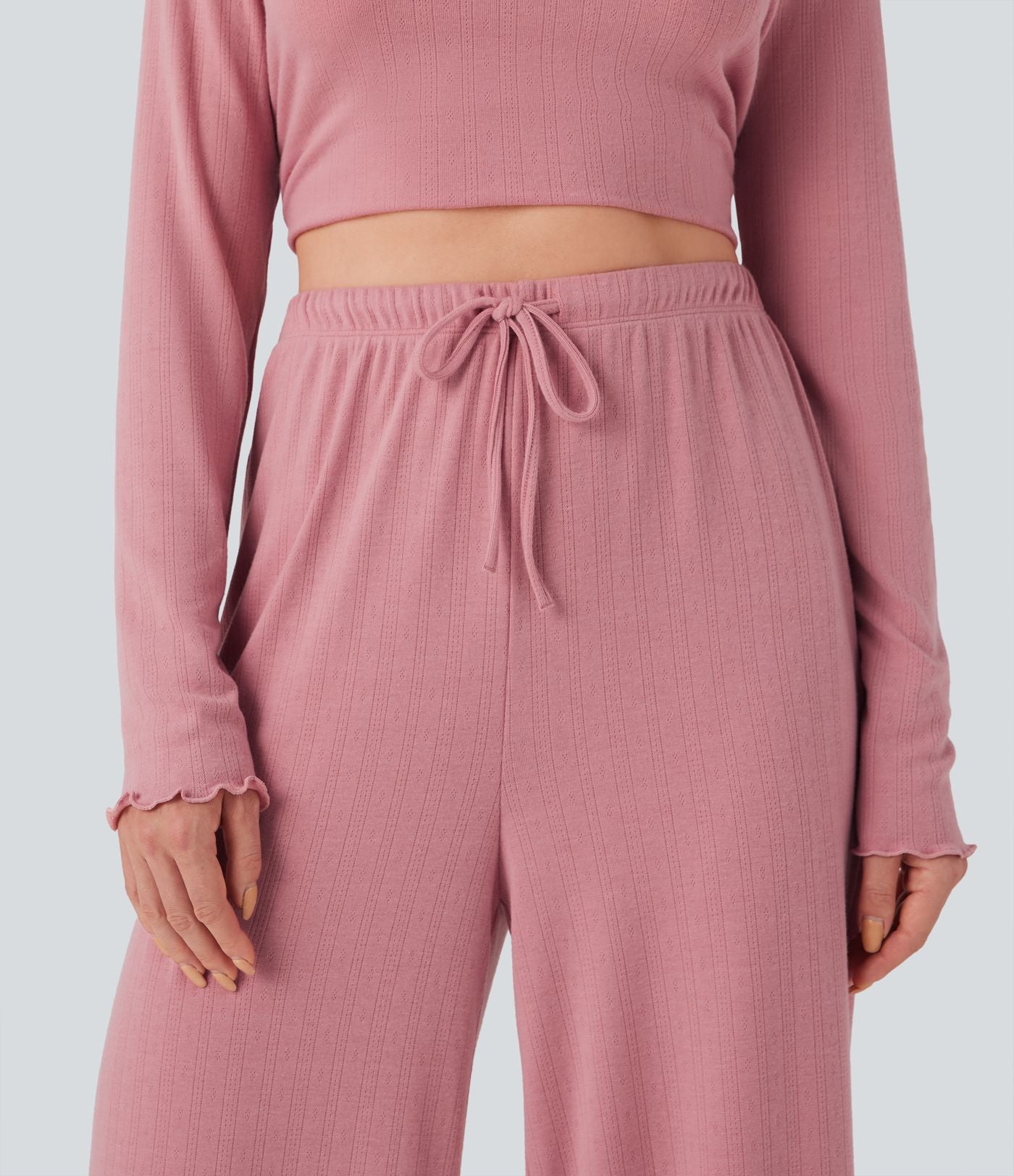 Pantalon détente taille haute coupe droite finitions plissées pointelle avec cordon de serrage