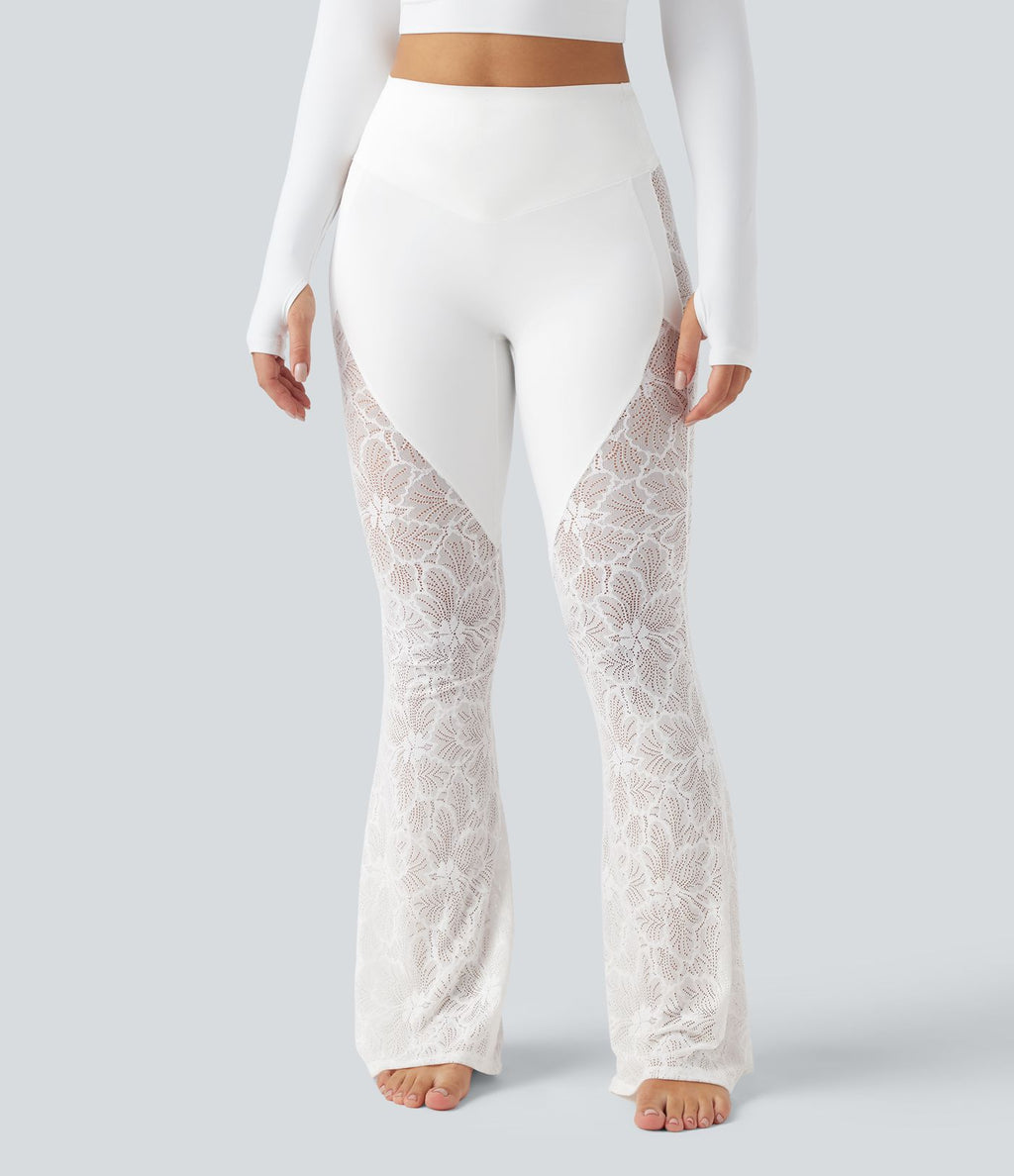 Pantalon de yoga évasé gainant taille haute avec dentelle contrastée et poche Halara UltraSculpt™