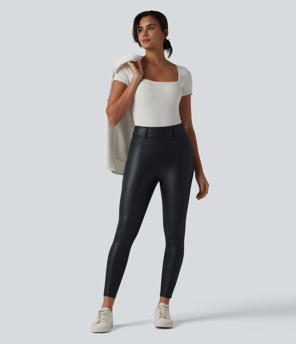 Legging 7/8 casual taille haute extensible en simili cuir avec poches