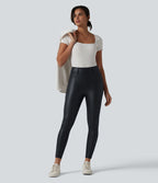 Legging 7/8 casual taille haute extensible en simili cuir avec poches